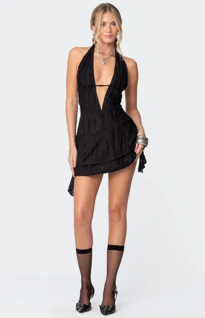 Edikted Shredded Open Back Plunge Minidress In Black