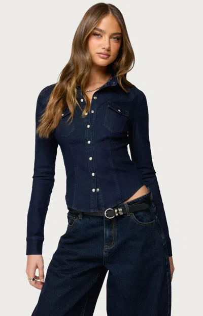 Edikted Shylo Fitted Denim Snap-up Shirt In Blue