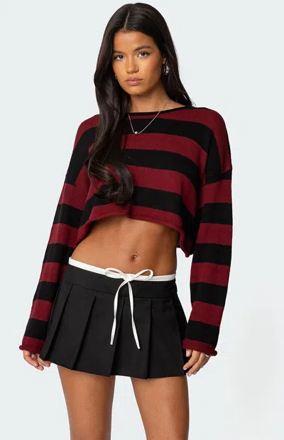 Edikted Shyrah Stripe Oversize Knit Crop Top In Burgundy-and-black