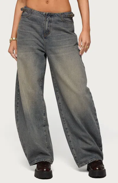 Edikted Women's Side Belt Low Rise Barrel Jeans In Vintage In Gray