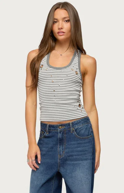 Edikted Women's Sindy Studded & Striped Tank Top In Gray/white In Multi