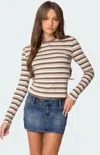 Edikted Sivan Stripe Stretch Cotton T-shirt In Brown