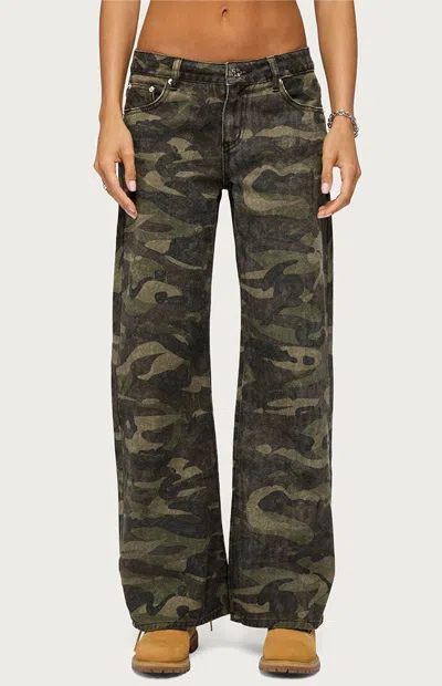 Edikted Women's Soya Camo Low Rise Baggy Jeans In Olive In Green