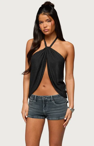 Edikted Stasia Sparkly Metallic Halter Top In Black