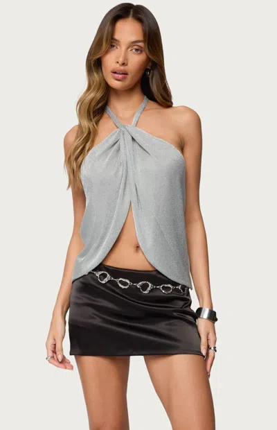Edikted Stasia Sparkly Metallic Halter Top In Blue