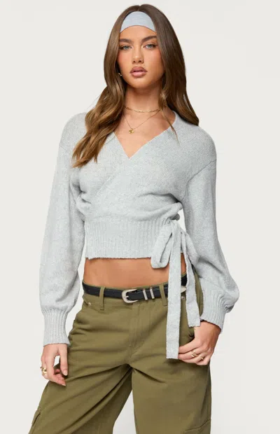 Edikted Stella Crop Faux-wrap Sweater In Gray
