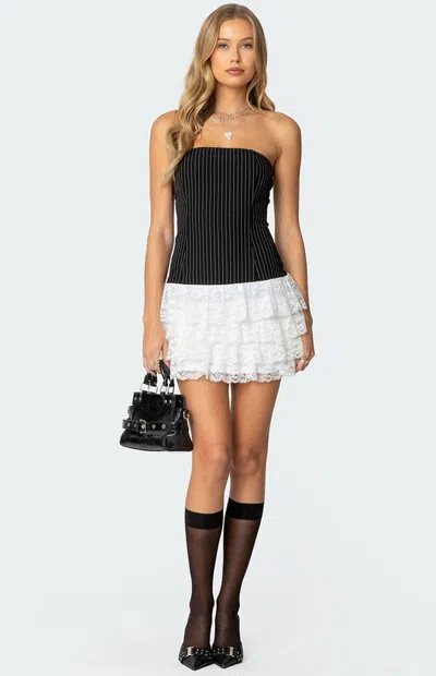 Edikted Strapless Pinstripe Ruffle Skirt Mini Dress In Black-and-white
