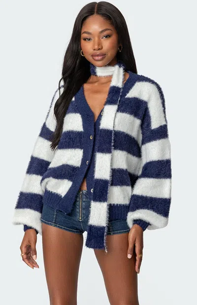 Edikted Striped Two Piece Knit Scarf Cardigan In Navy
