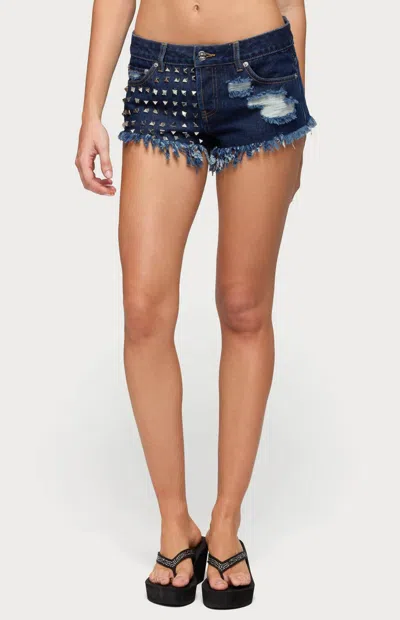 Edikted Studded Ripped Cutoff Denim Shorts In Blue