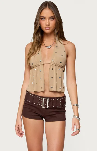Edikted Studded Faux Suede Split Front Halter Top In Brown