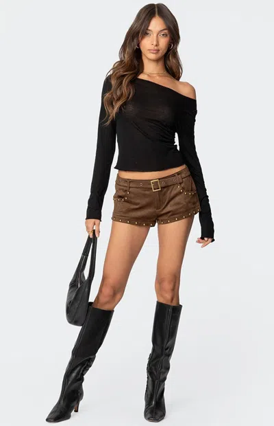 Edikted Women's Studded Faux Suede Micro Shorts In Brown