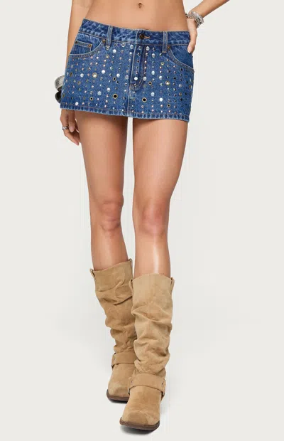 Edikted Studded Grommet Low Rise Denim Miniskort In Blue
