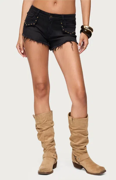 Edikted Studded Low Rise Denim Micro Shorts In Black