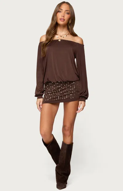 Edikted Stud Off The Shoulder Long Sleeve Backless Minidress In Brown