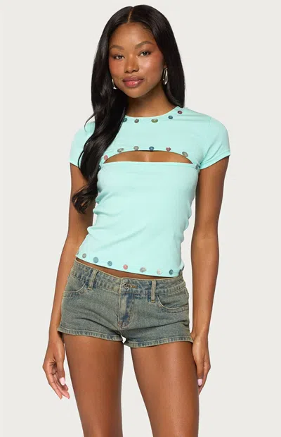Edikted Suda Iridescent Button Cutout T Shirt In Blue