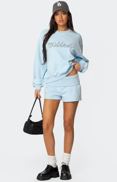 EDIKTED WOMEN'S SUPER EDIKTED FOLD OVER SWEAT SHORTS IN LIGHT BLUE