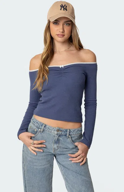 Edikted Tal Long Sleeves Off The Shoulder Top In Navy