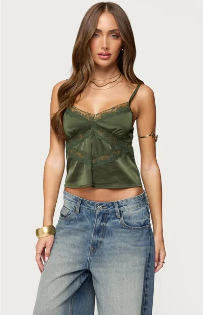 Edikted Tamar Lace Trim Satin Camisole In Green