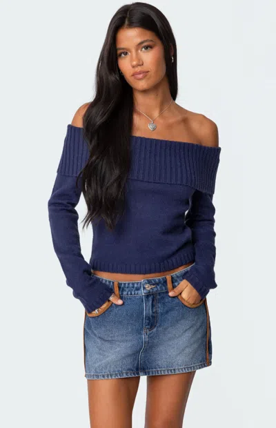 EDIKTED WOMEN'S TAMARA FOLD OVER KNIT TOP IN NAVY