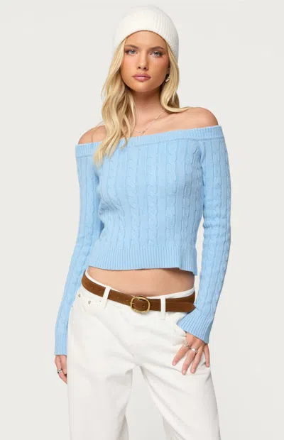 Edikted Tanzia Off The Shoulder Cable Stitch Sweater In Blue