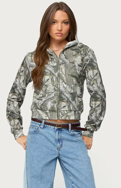 Edikted Tayler Camo Zip Up Hoodie In Green