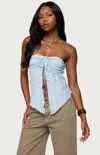 Edikted Textured Ruffle Split Front Strapless Top In Blue