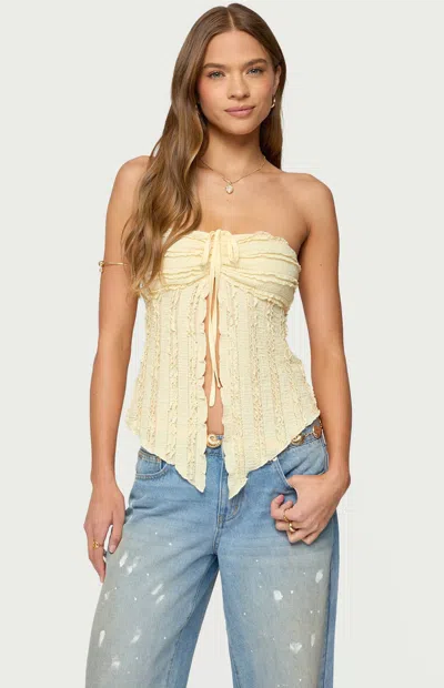 EDIKTED WOMEN'S TEXTURED RUFFLE SPLIT FRONT TOP IN YELLOW