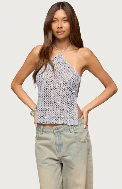 Edikted Women's Thaly Backless Sequin Crochet Halter Top In Silver In Blue