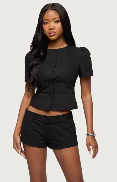 Edikted Thea Crop Cotton Twill Button-up Shirt In Black