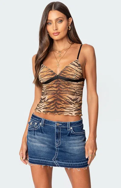 Edikted Tiger Stripe Print Mesh Tank Top In Beige