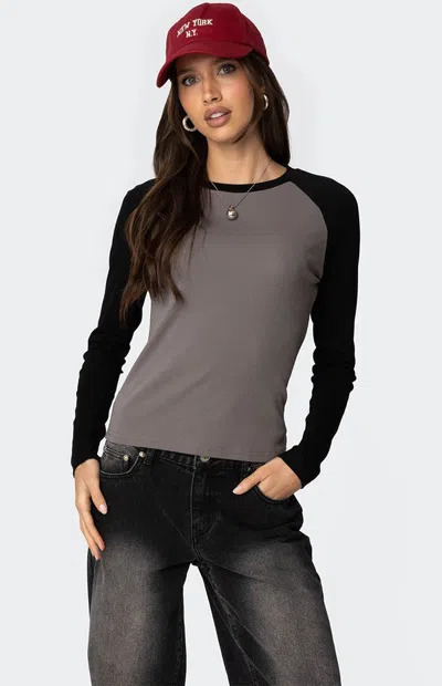 Edikted Tommi Raglan Long Sleeve T-shirt In Gray-and-black
