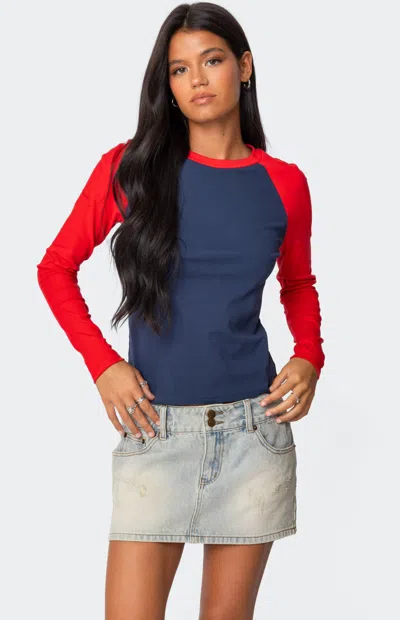 Edikted Tommi Stretch Cotton Baseball T-shirt In Navy-and-red