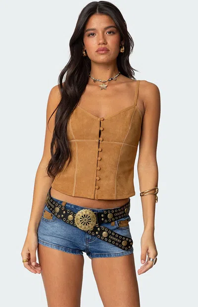 Edikted Women's Tori Faux Suede Button Up Top In Tan In Brown