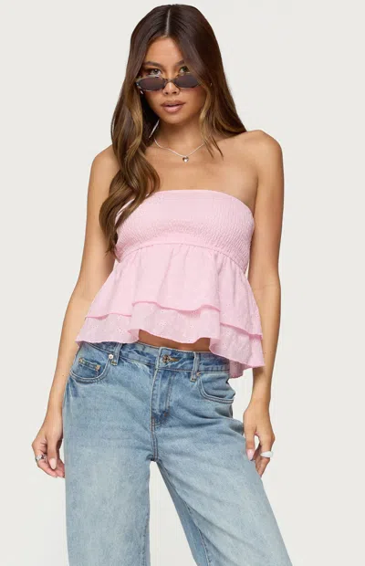 Edikted Toria Ruffled Eyelet Strapless Top In Pink