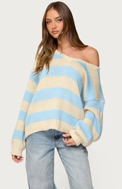 EDIKTED WOMEN'S TRACIE STRIPED OVERSIZED SWEATER IN LIGHT BLUE