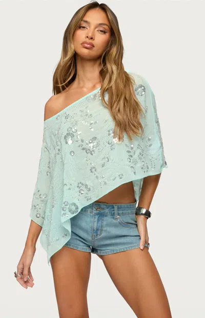 Edikted Triana Bead & Sequin Chiffon Poncho Top In Aqua, Women's At Urban Outfitters In Blue