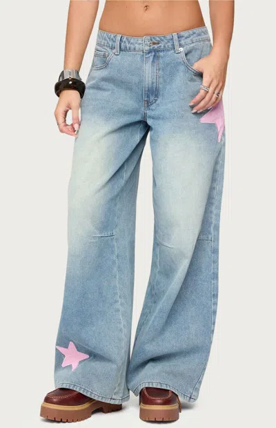 Edikted Trish Satin Effect Stars Low Rise Light Rinse Wash Jeans In Blue