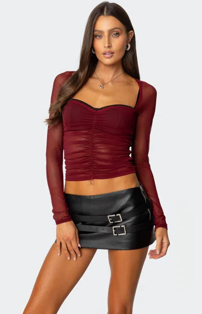 Edikted Women's Tristina Ruched Mesh Bra Top In Burgundy