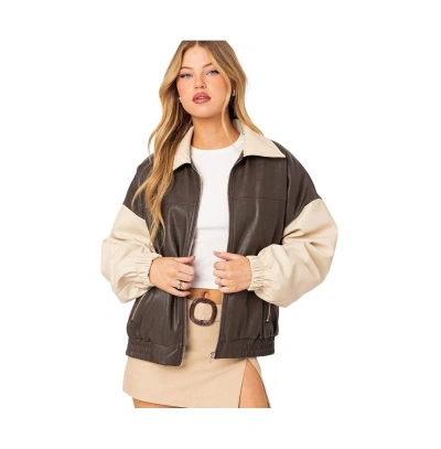 Edikted Oversize Colorblock Faux Leather Bomber Jacket In Brown