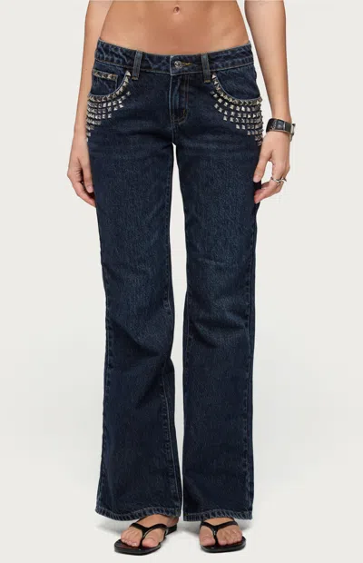Edikted Women's Tyler Studded Low Rise Bootcut Jeans In Dark Wash In Blue