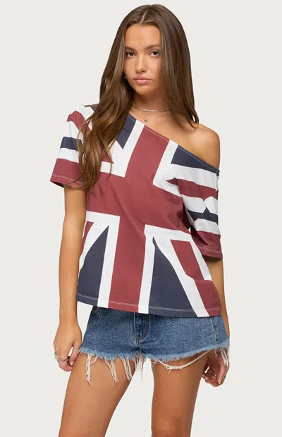 Edikted Women's Union Jack Off-the-shoulder T-shirt In Navy/red In Brown