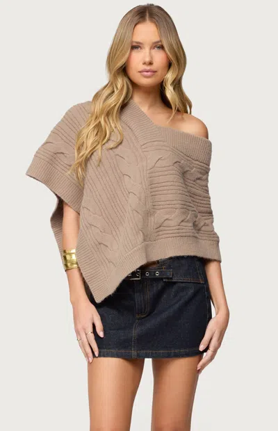 Edikted Vickey Cable Stitch One-shoulder Poncho In Brown