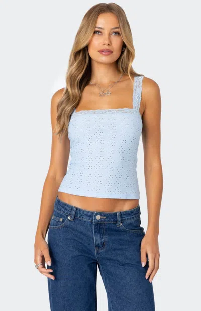 Edikted Virginia Lace Trim Eyelet Tank Top In Light-blue