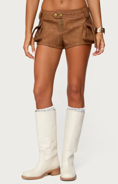 Edikted Washed Faux Leather Micro Cargo Shorts In Brown