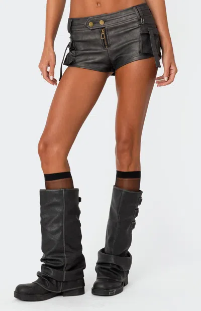 Edikted Faux Leather Micro Cargo Shorts In Black-washed