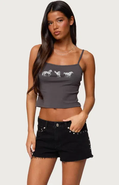 Edikted Wild Horses Graphic Crop Camisole In Gray