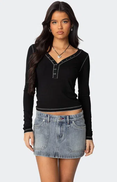 Edikted Yael Contrast Stitch Henley In Black