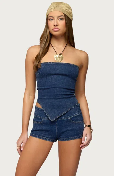 Edikted Women's Zaida Asymmetric Denim Strapless Top In Blue