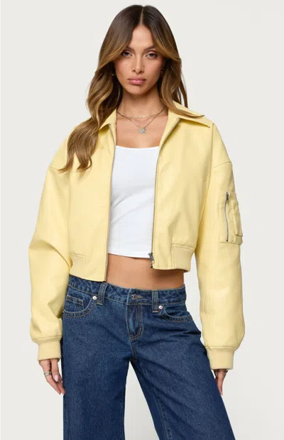 Edikted Zayna Cropped Faux Leather Bomber Jacket In Yellow