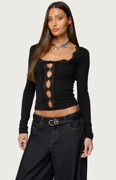Edikted Zeya Cutout Sheer Lace Trim Top In Black